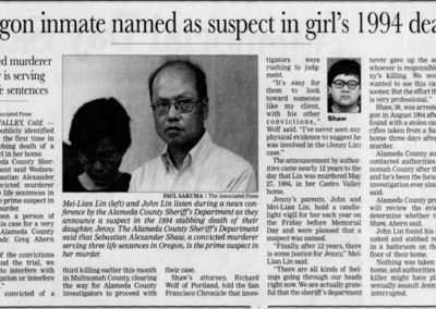 A May 26, 2006, article in the Statesman Journal announcing that Sebastian Alexander Shaw was named a suspect in Jenny’s murder.