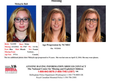 Age Progression Missing Flyer of Mekayla Bali