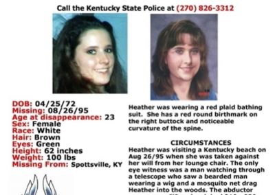 Missing persons poster created in efforts to find information about Heather’s disappearance.