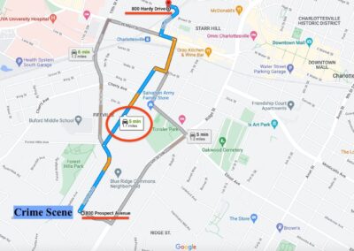 Map indicating the distance between the 800 Block of Prospect Avenue and 800 Block of Hardy Drive.