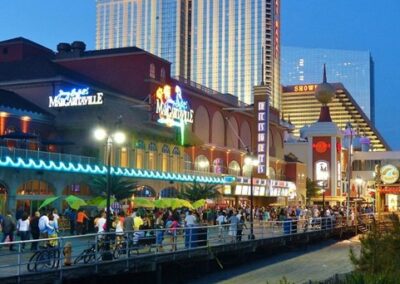 The Atlantic City boardwalk, including the entrance to the Resorts Casino Hotel.