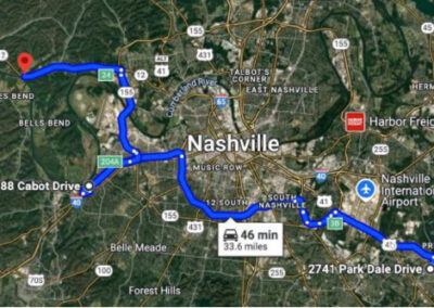 A map showing the distances between Marcus’s apartment, the location where his car was found, and the location where his skull was found.