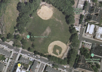 A Google Earth aerial map of St. Mary’s Park in the Bronx.