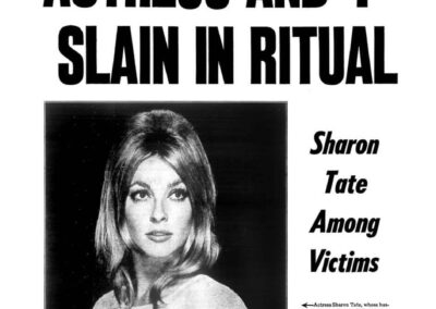 A newspaper showing Sharon Tate, one of the victims of the Manson Family.