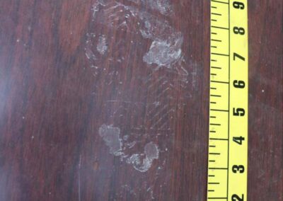 The muddy shoe print on the table outside.