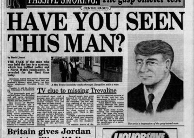 A newspaper page showing the sketch of the “smartly-dressed man” Trevaline was spotted with.
