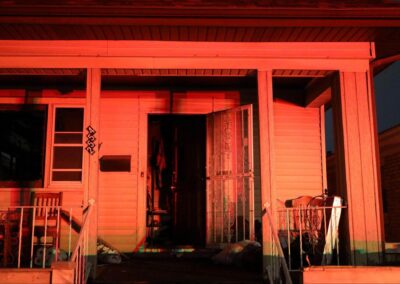 The front door of the Day-Stewart house on the night of the fire.