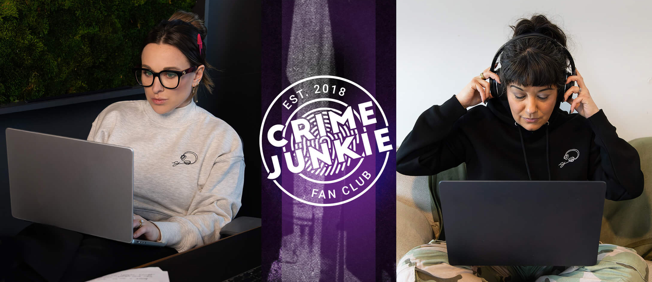 Crime Junkie Fan Club - Ashley & Brit wearing new merch