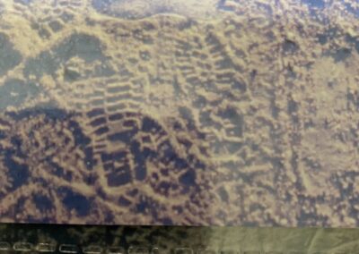Multiple shoe prints photographed in the sand at the crime scene.