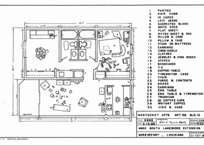 A crime scene diagram of Cheryl Harris’ apartment. Source: Shreveport Police Department
