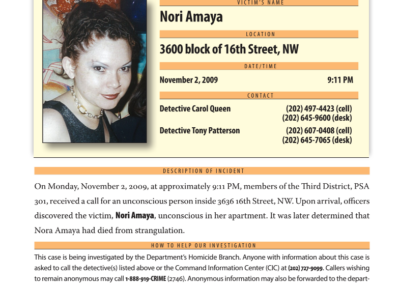 A poster seeking information about Nori Amaya’s murder.